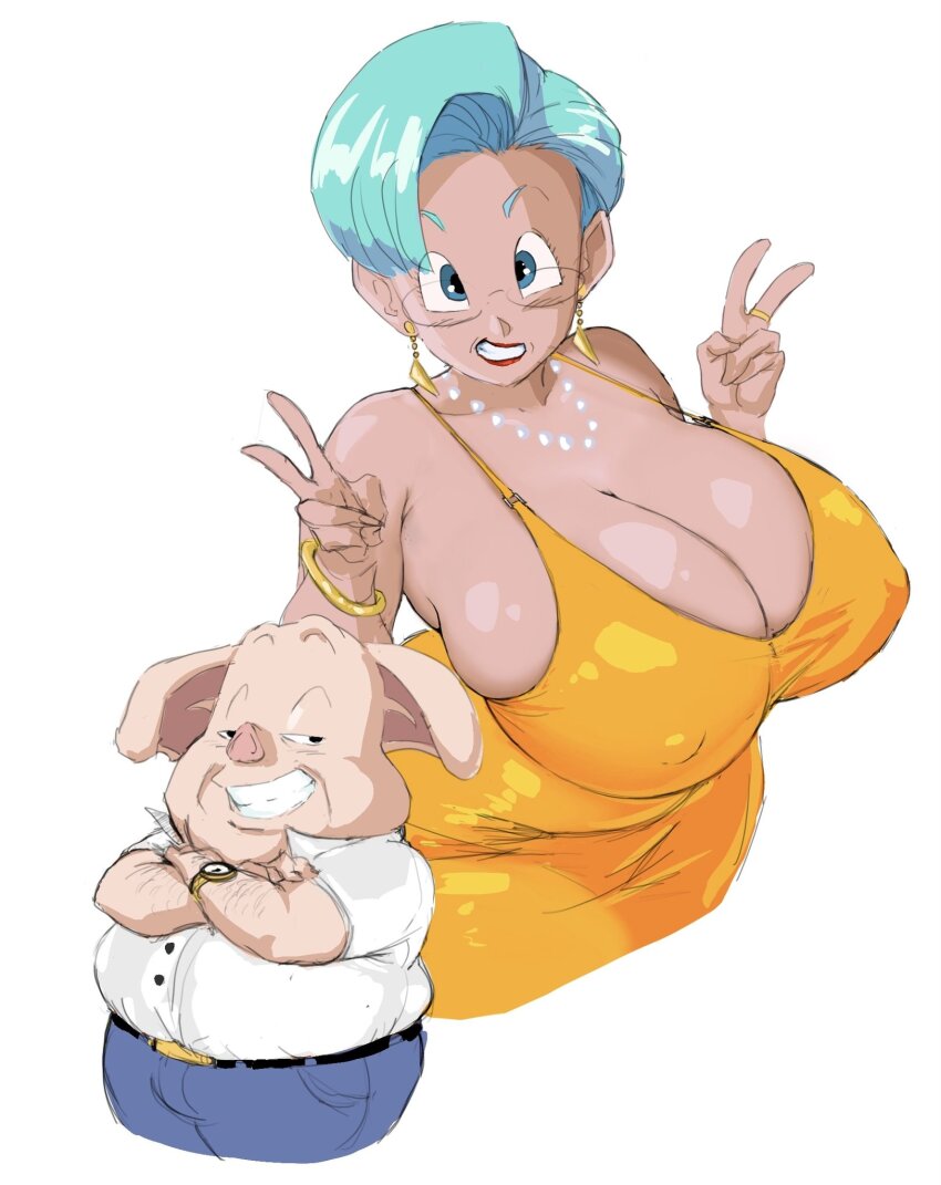 1boy 1girl animal_ears belt black_eyes blue_eyes blue_hair blue_pants bracelet breasts bulma button_shirt clock curvy dragon_ball dragon_ball_gt dress earrings glasses highres huge_breasts jewelry lipstick makeup mature_female necklace covered_erect_nipples one-piece_dress oolong orange_dress pants pearl_necklace pig_nose ring short_hair simple_background smile ultivlad v white_background