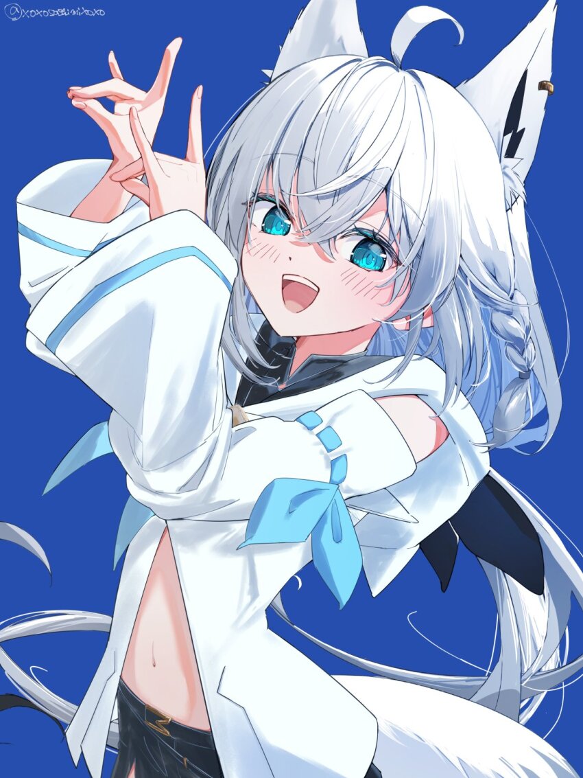 1girl ahoge animal_ears black_shorts blue_background blue_eyes detached_sleeves fox_ears fox_girl fox_shadow_puppet grey_hair highres hololive hood hoodie long_hair low_ponytail sashimi_(xoxosashimixoxo) shirakami_fubuki shirakami_fubuki_(1st_costume) shorts smile solo virtual_youtuber white_hoodie white_sleeves