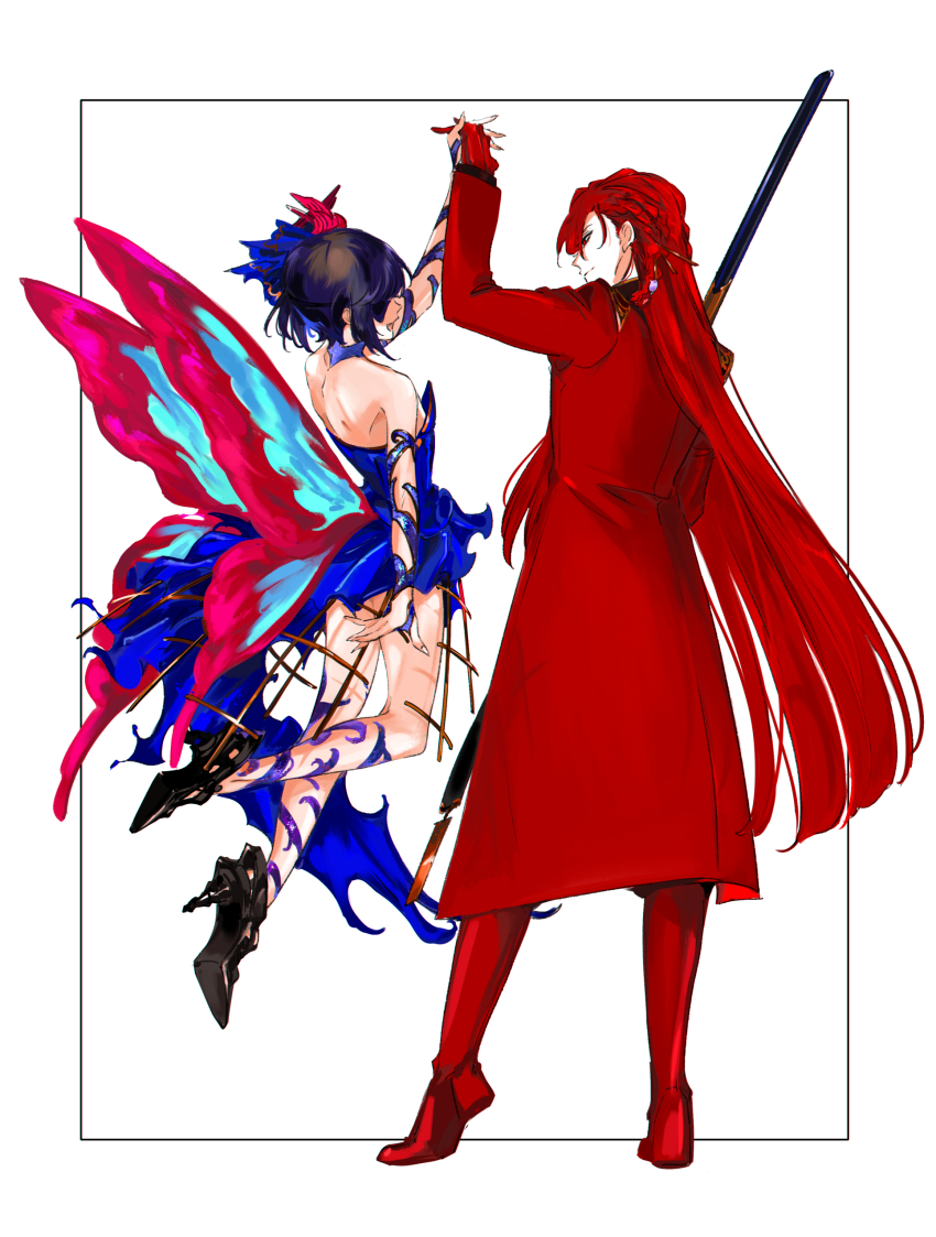 :d absurdres back bare_shoulders black_footwear black_hair boots braid bug butterfly coat ddlcclia fate/grand_order fate_(series) floating gloves hair_ornament high_heels highres insect interlocked_fingers long_hair mysterious_ranmaru_x_(fate) oda_nobunaga_(fate) oda_nobunaga_(maou_avenger)_(fate) open_mouth red_gloves red_hair sheath sheathed short_hair smile sword tiptoes very_long_hair weapon