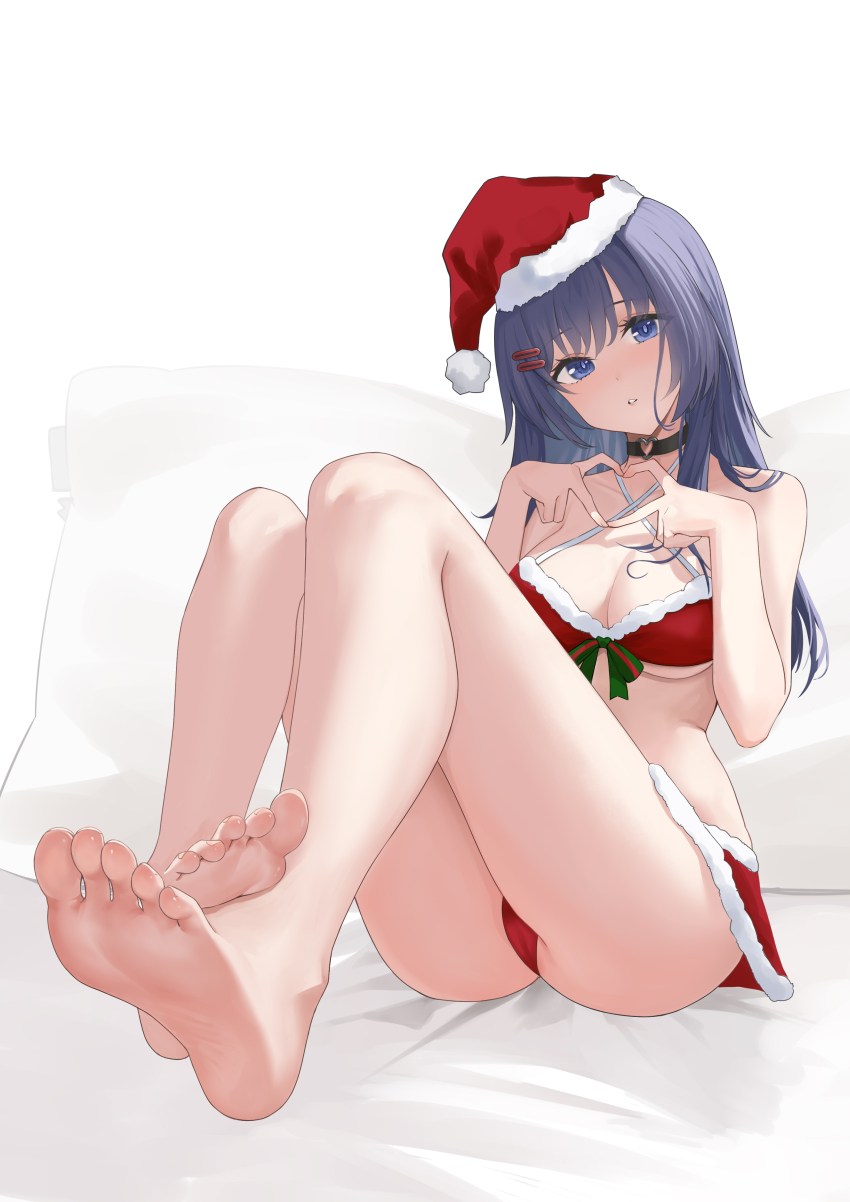 1girl absurdres barefoot blue_eyes bow bra breasts choker collarbone feet female_focus hair_ornament hat heart heart_hands highres large_breasts light_blush long_hair looking_at_viewer miside mita_(miside) open_mouth panties parted_lips purple_hair red_bra red_panties santa_costume santa_hat soles solo toes underwear yizi_(yizi_official)