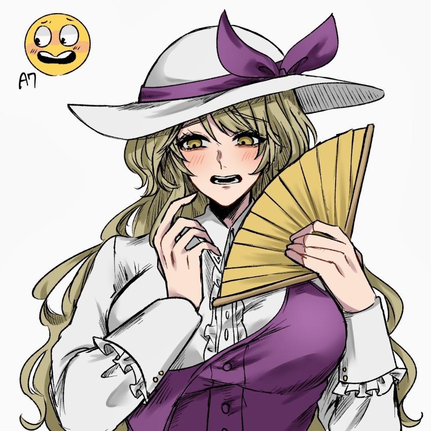 1girl averting_eyes blonde_hair blush bow breasts center_frills collared_shirt commentary_request emoji frills grey_background hand_fan hands_up hat hat_bow highres holding holding_fan large_breasts long_hair long_sleeves looking_to_the_side nap_muntarou open_mouth partial_commentary purple_bow shirt simple_background sleeve_cuffs solo touhou upper_body very_long_hair watatsuki_no_toyohime white_hat white_shirt