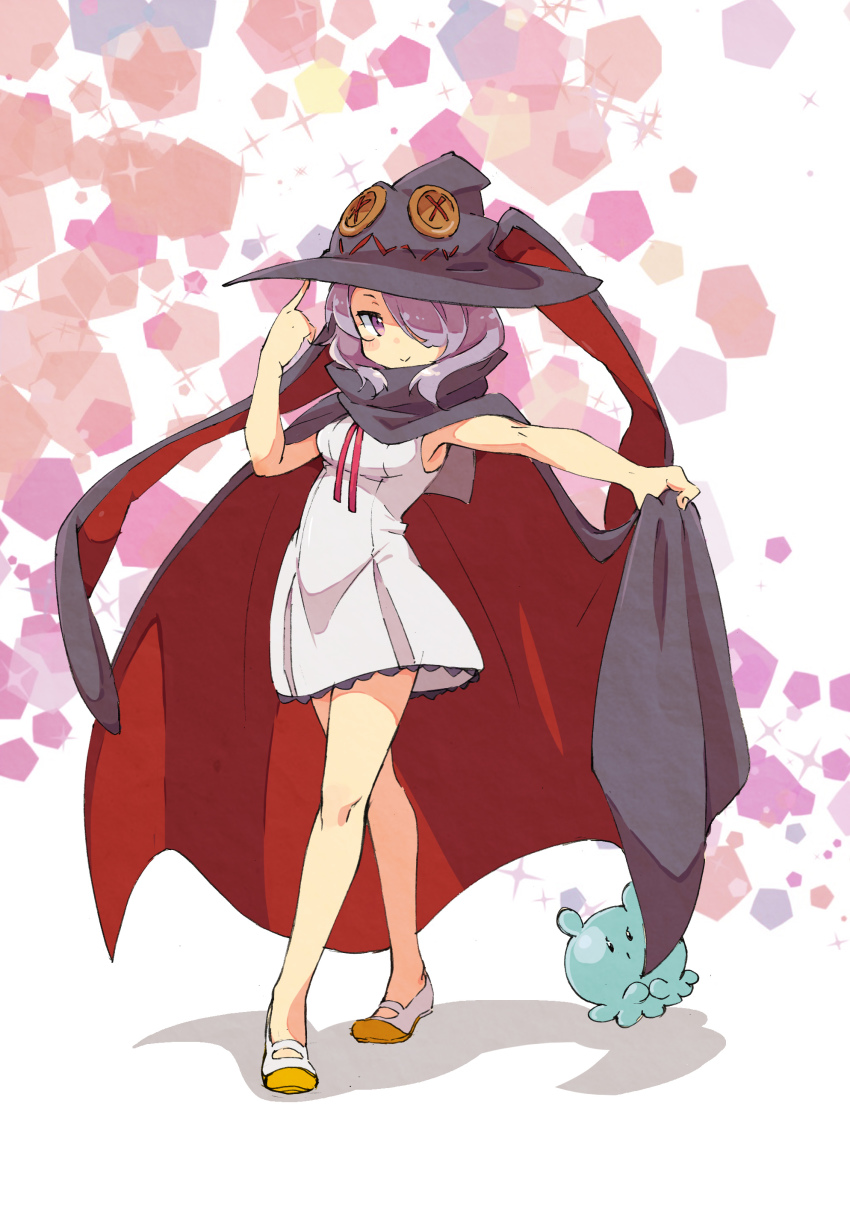 1girl absurdres animal_ears bad_id bad_pixiv_id cloak fake_animal_ears hair_over_one_eye hat highres houkago_no_pleiades koi_(nisikicoi) long_hair nanako_(houkago_no_pleiades) no_socks pleiadean purple_eyes purple_hair sleeveless sparkle standing