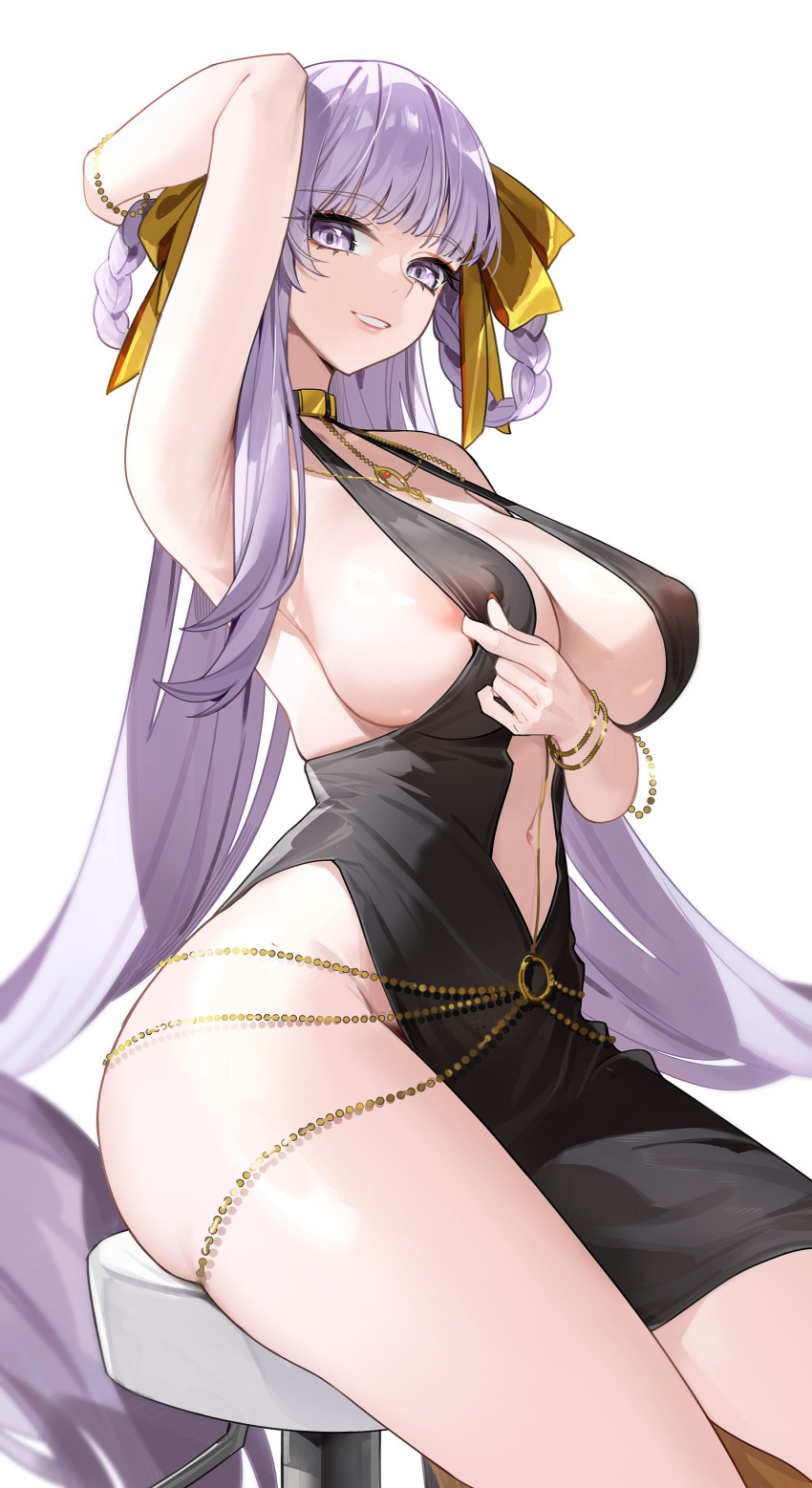 1girl absurdres areola_slip arm_behind_head arm_up armpits bare_shoulders bb_(fate) bb_dubai_(fate) belly_chain black_dress blush braid braided_hair_rings breasts center_opening chain cleavage covered_erect_nipples dress fate/grand_order fate_(series) gold_chain grin groin hair_ribbon hair_rings highres jewelry large_breasts long_hair looking_at_viewer navel necklace no_bra no_panties o-ring purple_eyes purple_hair ribbon side_slit sideboob sitting smile solo thighs twin_braids very_long_hair yellow_ribbon zhudouzi