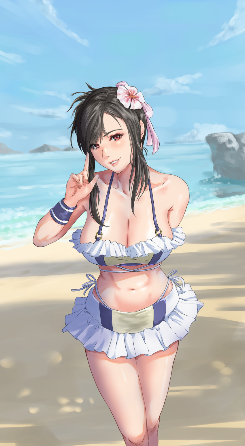 1girl absurdres arm_behind_back armpit_crease bare_shoulders beach bikini bikini_skirt black_hair blue_sky breasts cleavage cloud collarbone day final_fantasy final_fantasy_vii final_fantasy_vii_remake flower grin hair_flower hair_ornament hand_up hibiscus highres index_finger_raised large_breasts lips navel omaehasaigoni outdoors pink_flower red_eyes rock sidelocks sky smile solo standing stomach swimsuit thighs tifa_lockhart tifa_lockhart_(shining_spirit)