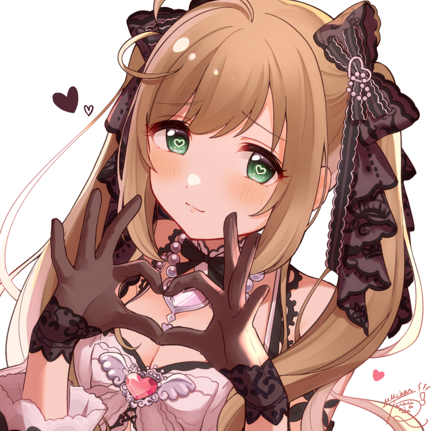 1girl 4-finger_heart_hands ahoge bow bowtie breasts cleavage detached_collar frills gloves green_eyes hair_ribbon heart heart_hands heart_in_eye highres idolmaster idolmaster_cinderella_girls idolmaster_cinderella_girls_starlight_stage jewelry lace lace-trimmed_gloves lace_trim light_blush light_brown_hair long_hair looking_at_viewer medium_breasts mmmakaron888 necklace pink_shirt ribbon sato_shin shirt signature simple_background sleeveless sleeveless_shirt solo symbol-shaped_pupils symbol_in_eye twintails white_background