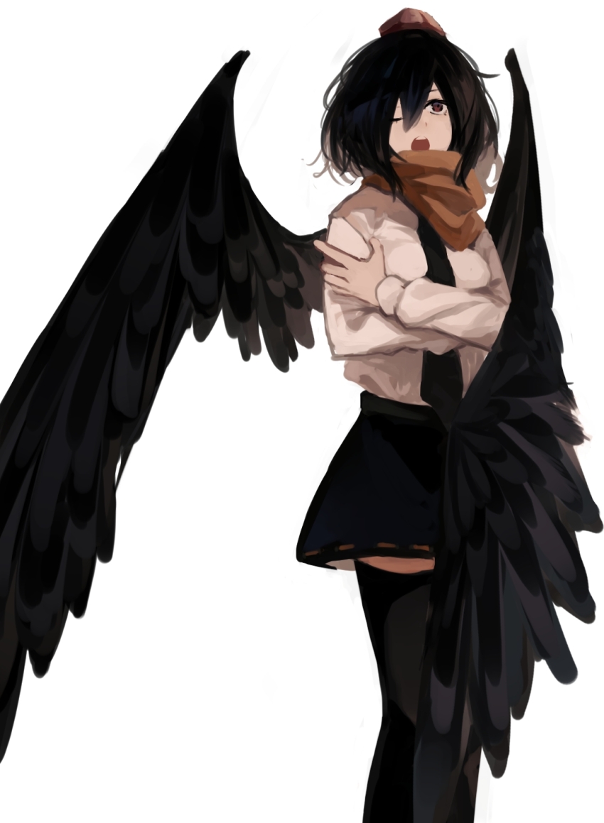 1girl beret black_hair black_necktie black_skirt black_thighhighs black_wings breasts brown_hat brown_scarf commentary_request cowboy_shot feathered_wings hair_between_eyes hat highres hiyayakko323 medium_breasts medium_hair necktie one_eye_closed open_mouth red_eyes red_ribbon ribbon ribbon-trimmed_skirt ribbon_trim scarf shameimaru_aya shirt simple_background skirt solo standing teeth thighhighs touhou upper_teeth_only white_background white_shirt wings zettai_ryouiki