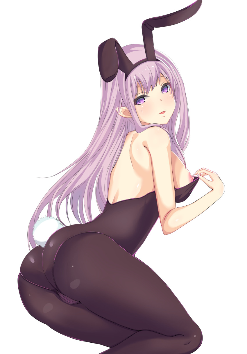 1girl akino_sakura_(oresuki) animal_ears ass bare_arms bare_shoulders black_hairband black_leotard black_pantyhose blush breasts cameltoe clothing_aside covered_erect_nipples eyelashes fake_animal_ears fake_tail feet_out_of_frame hair_between_eyes hairband highleg highleg_leotard highres large_breasts legs legs_together leotard leotard_aside long_hair looking_at_viewer looking_to_the_side lying nervous nipples no_bra on_side open_clothes open_mouth ore_wo_suki_nano_wa_omae_dake_ka_yo pantyhose playboy_bunny puffy_nipples purple_eyes purple_hair rabbit_ears rabbit_tail revealing_clothes shiny_clothes shiny_skin shoulder_blades solo strapless strapless_leotard sweat sweatdrop tail thighs white_background zero_(artist)