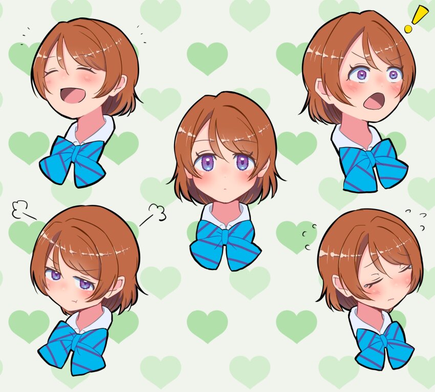 1girl :d :t ^_^ blue_bow blue_bowtie blush bow bowtie brown_hair closed_eyes closed_mouth collared_shirt constricted_pupils cropped_head d: diagonal-striped_bow diagonal-striped_bowtie diagonal-striped_clothes expressionless flying_sweatdrops green_background hashtag-only_commentary heart heart_background highres koizumi_hanayo love_live! love_live!_school_idol_project mikeneko_megane multiple_views notice_lines open_mouth pout puff_of_air purple_eyes shirt short_hair smile striped_clothes tearing_up v-shaped_eyebrows white_shirt wide-eyed