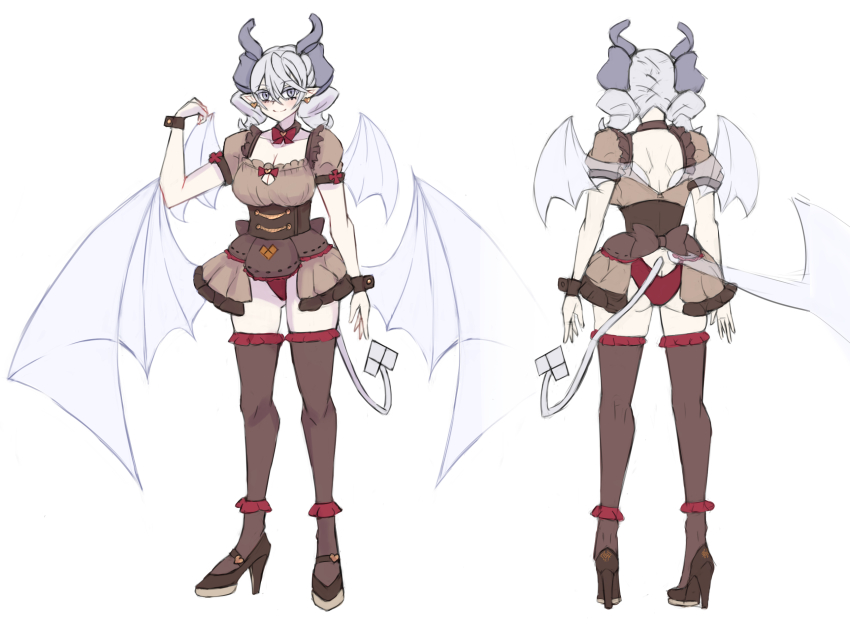 1girl breasts brown_dress brown_thighhighs character_sheet cleavage demon_girl demon_tail demon_wings dress drill_hair duel_monster full_body fullborem grey_hair highres large_breasts long_hair lovely_labrynth_of_the_silver_castle simple_background tail thighhighs transparent_wings twin_drills valentine white_background white_wings wings yu-gi-oh!