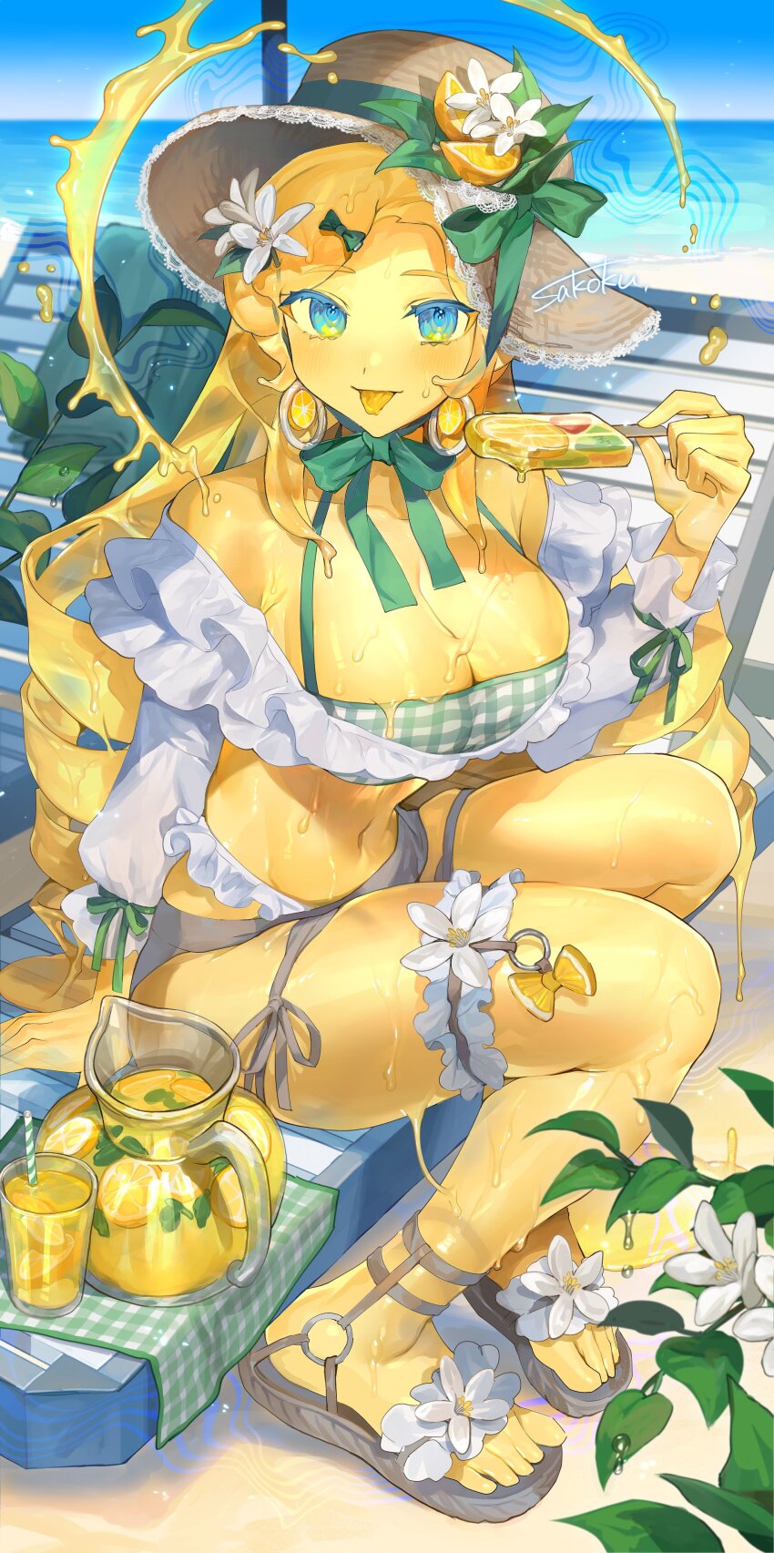 1girl absurdres artist_name beach bikini drill_hair food frills fruit hat highres lemon lemon_slice lemonade monster_girl navel original popsicle sakoku_(oyatsu3ji_) sandals signature slime_(substance) slime_girl solo sun_hat swimsuit tongue tongue_out