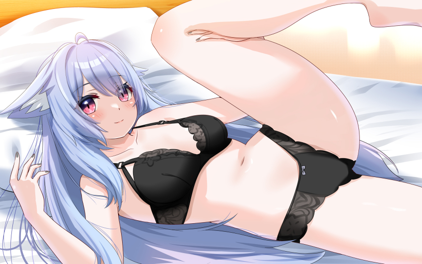 1girl animal_ear_fluff animal_ears bare_arms bare_legs bare_shoulders barefoot black_bra black_panties blue_hair blush bow bow_panties bra breasts closed_mouth collarbone ears_down eyelashes from_side grey_nails hair_between_eyes hands_up head_on_pillow highres kikyo_(vrchat) knee_blush lace lace-trimmed_bra lace_trim leg_hold leg_up light_blush lingerie long_hair looking_at_viewer looking_to_the_side lying medium_breasts nail_polish navel on_back on_bed panties pillow pink_eyes smile solo spread_legs suzuki-shi underwear underwear_only very_long_hair vrchat