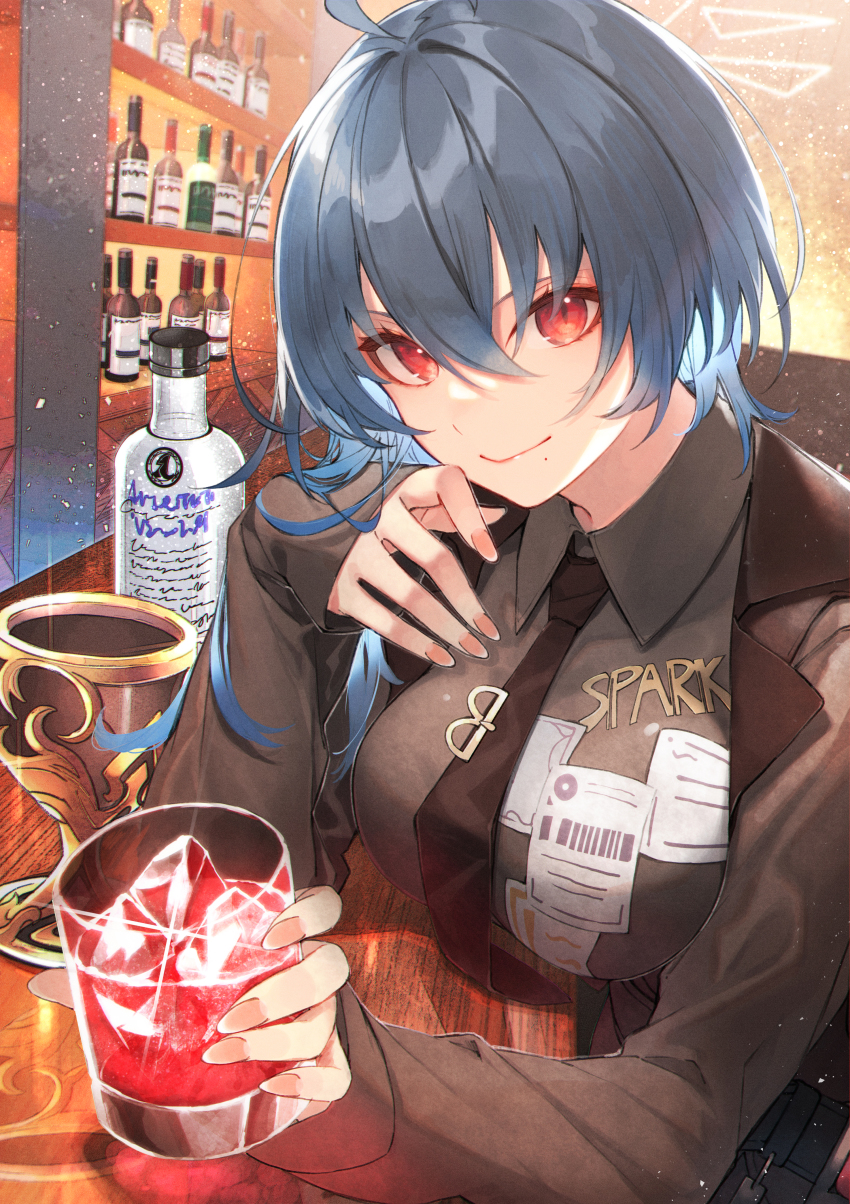 1girl absurdres ahoge black_shirt blouse blue_hair brown_shirt cup drinking_glass hair_between_eyes highres honkai_(series) honkai_impact_3rd jacket kuwashima_rein looking_at_viewer necktie open_clothes open_jacket raven_(honkai_impact) red_eyes shirt short_hair solo