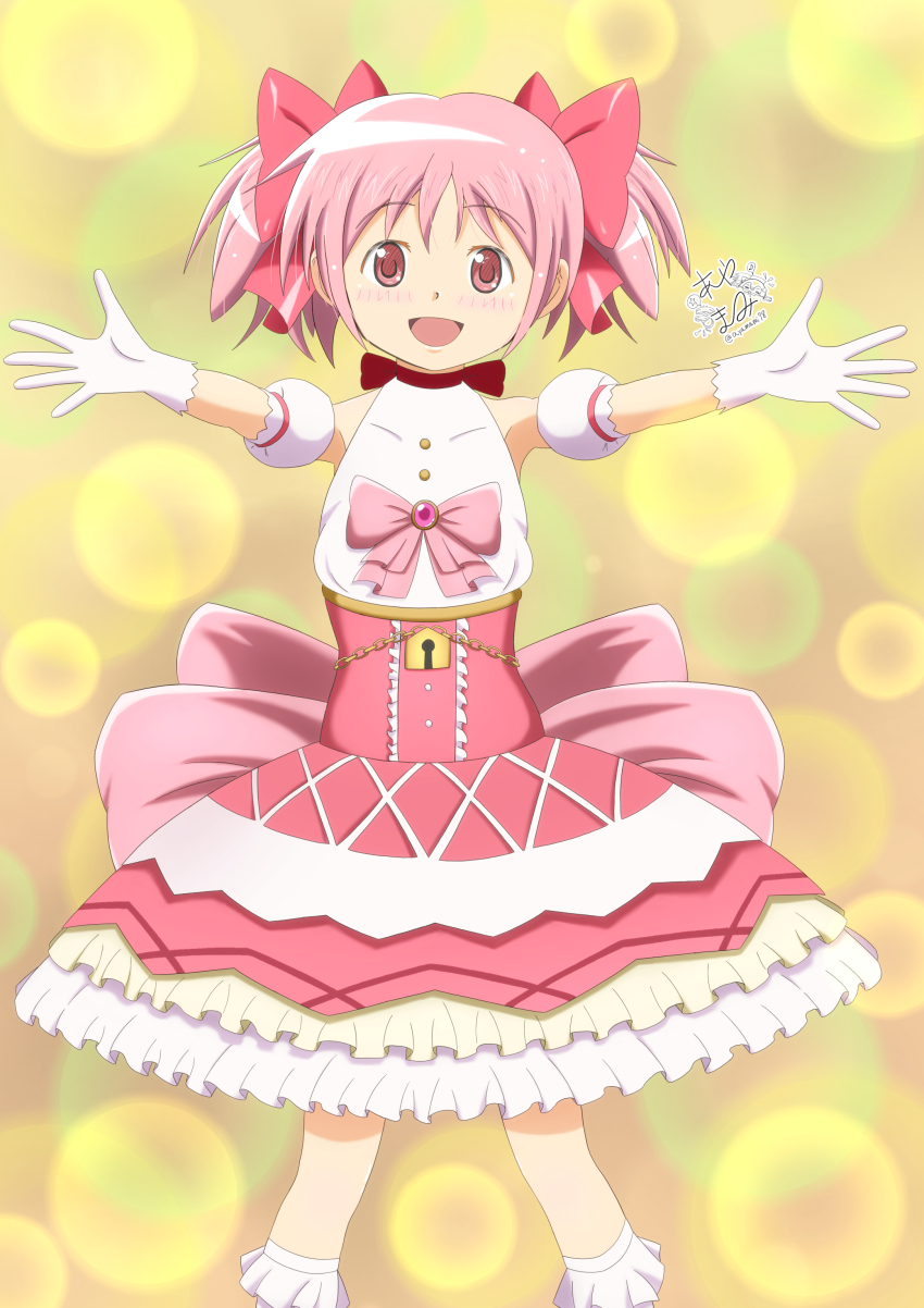 1girl :d absurdres ayamami78 chain choker commentary dress gloves highres kaname_madoka kaname_madoka_(magical_girl) leggings lock mahou_shoujo_madoka_magica mahou_shoujo_madoka_magica:_walpurgis_no_kaiten open_mouth pink_dress pink_eyes pink_hair red_choker short_twintails sleeveless smile solo twintails white_gloves white_leggings yellow_background