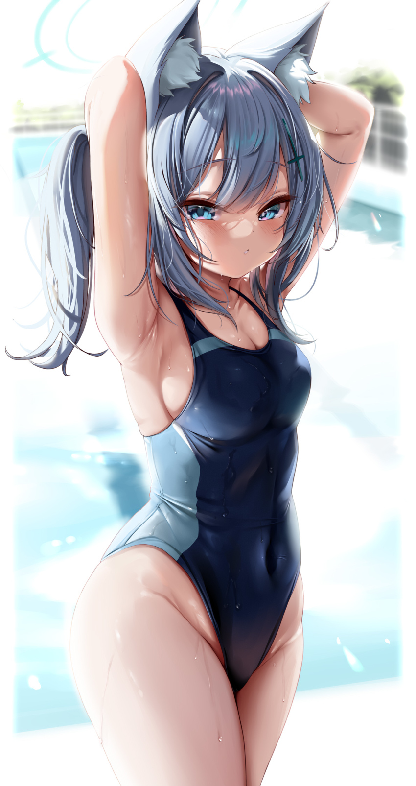 1girl :o animal_ear_fluff animal_ears arms_behind_head blue_archive blue_eyes blurry blurry_background breasts commentary_request competition_swimsuit covered_navel cross_hair_ornament grey_hair hair_ornament halo highres kokuto_(kurousagi1210) looking_at_viewer medium_breasts medium_hair one-piece_swimsuit outdoors parted_lips pool shiroko_(blue_archive) shiroko_(swimsuit)_(blue_archive) solo swimsuit thighs wet wet_clothes wet_swimsuit