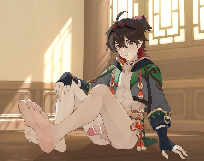 1boy absurdres bare_legs barefoot black_gloves black_hairband black_hoodie brown_eyes brown_hair censored chinese_clothes fingerless_gloves gaming_(genshin_impact) genshin_impact gloves grey_hood hair_between_eyes hairband highres hood hooded_jacket hoodie jacket long_sleeves looking_at_viewer male_focus multicolored_hair muscular muscular_male nude penis q_molu red_hair solo tassel teeth vision_(genshin_impact)