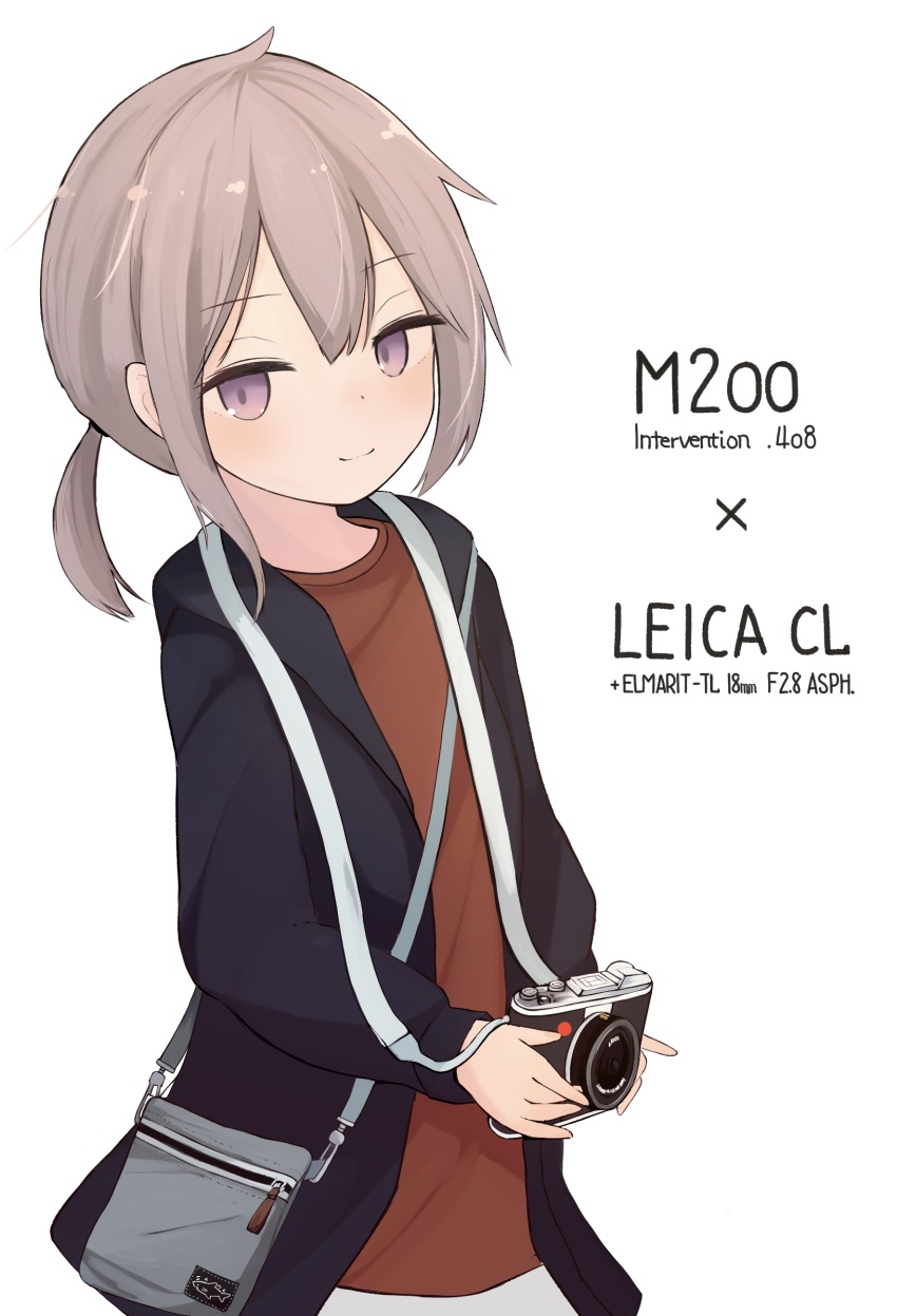 absurdres ahoge b6_(b6_n2) bag camera closed_mouth girls&#039;_frontline handbag happy highres holding holding_camera jacket m200_(girls&#039;_frontline) ponytail purple_eyes zipper zipper_pull_tab