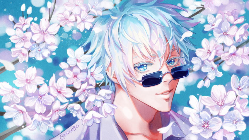 1boy adam&#039;s_apple artist_name blue_background blue_eyes blue_theme blurry blurry_background collarbone collared_shirt colored_eyelashes eyebrows eyelashes flower gojou_satoru hair_between_eyes jujutsu_kaisen lips looking_at_viewer male_focus munette pale_skin parted_lips shirt short_hair solo solo_focus sunglasses teeth twitter_username watermark white_flower white_hair white_shirt