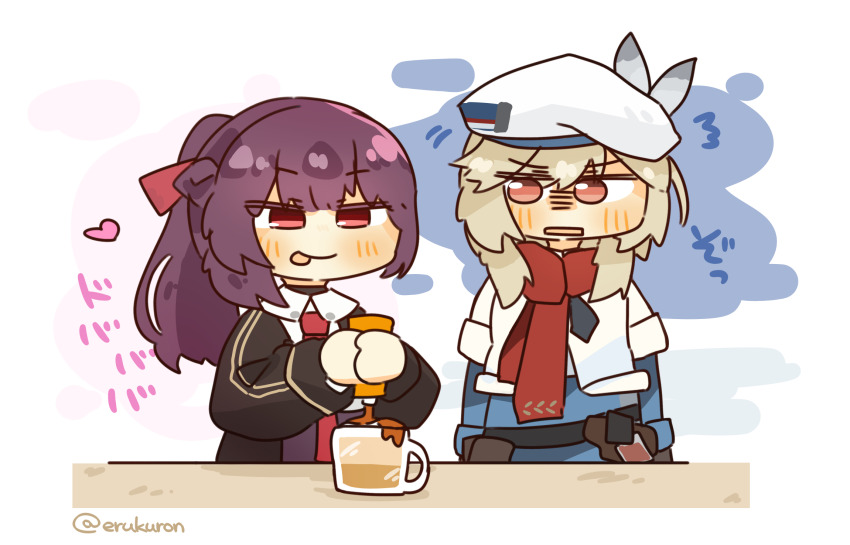 2girls beret black_jacket caramel character_request chibi coffee cup girls&#039;_frontline_2:_exilium hat highres jacket lcron looking_at_another mug multiple_girls necktie nervous ponytail purple_hair red_eyes smile squeezing table tongue tongue_out wa2000_(girls&#039;_frontline)