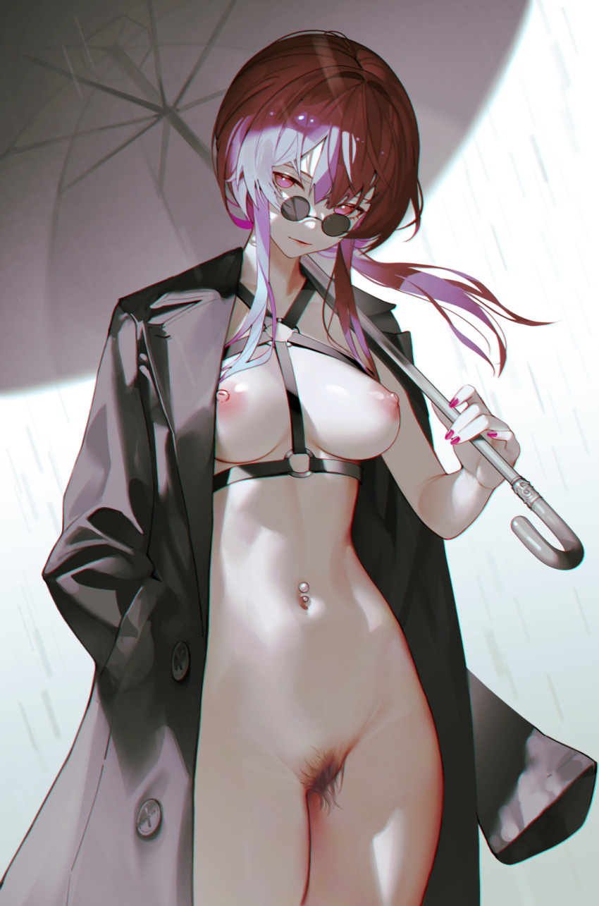 1girl black_coat black_umbrella breasts chromatic_aberration coat commentary cowboy_shot english_commentary female_pubic_hair glasses hair_between_eyes hand_in_pocket highres holding holding_umbrella honkai:_star_rail honkai_(series) iumu kafka_(honkai:_star_rail) large_breasts looking_at_viewer looking_over_eyewear low_ponytail navel navel_piercing nipples no_pussy nude open_clothes open_coat paid_reward_available piercing pince-nez pubic_hair purple_eyes purple_hair solo standing stomach umbrella