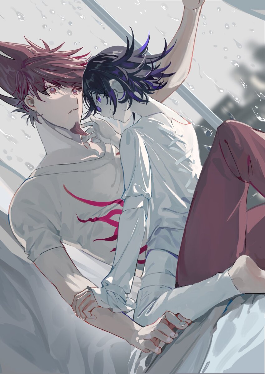 2boys arm_belt arm_up barefoot collarbone commentary_request cross-laced_jacket danganronpa_(series) danganronpa_v3:_killing_harmony day facial_hair flipped_hair goatee grey_sky grin hair_between_eyes hand_on_another&#039;s_arm highres indoors knee_up long_sleeves male_focus momota_kaito multiple_boys no_scarf oma_kokichi on_lap pants print_shirt purple_eyes purple_hair qianhai rain shirt short_hair sidelighting size_difference sky smile spiked_hair straitjacket surprised water_drop white_shirt white_theme window yaoi