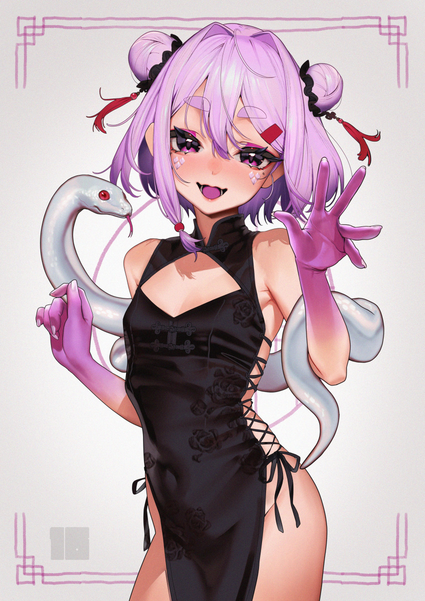 1girl :d absurdres bare_shoulders black_dress blush breasts china_dress chinese_clothes cleavage_cutout clothing_cutout covered_navel cowboy_shot double_bun dress fangs floral_print forked_tongue hair_between_eyes hair_bun hair_ornament hairclip highres looking_at_viewer nanja no_panties open_mouth original pelvic_curtain pink_hair purple_eyes purple_hair short_hair sleeveless sleeveless_dress small_breasts smile snake solo thick_eyebrows tongue white_snake