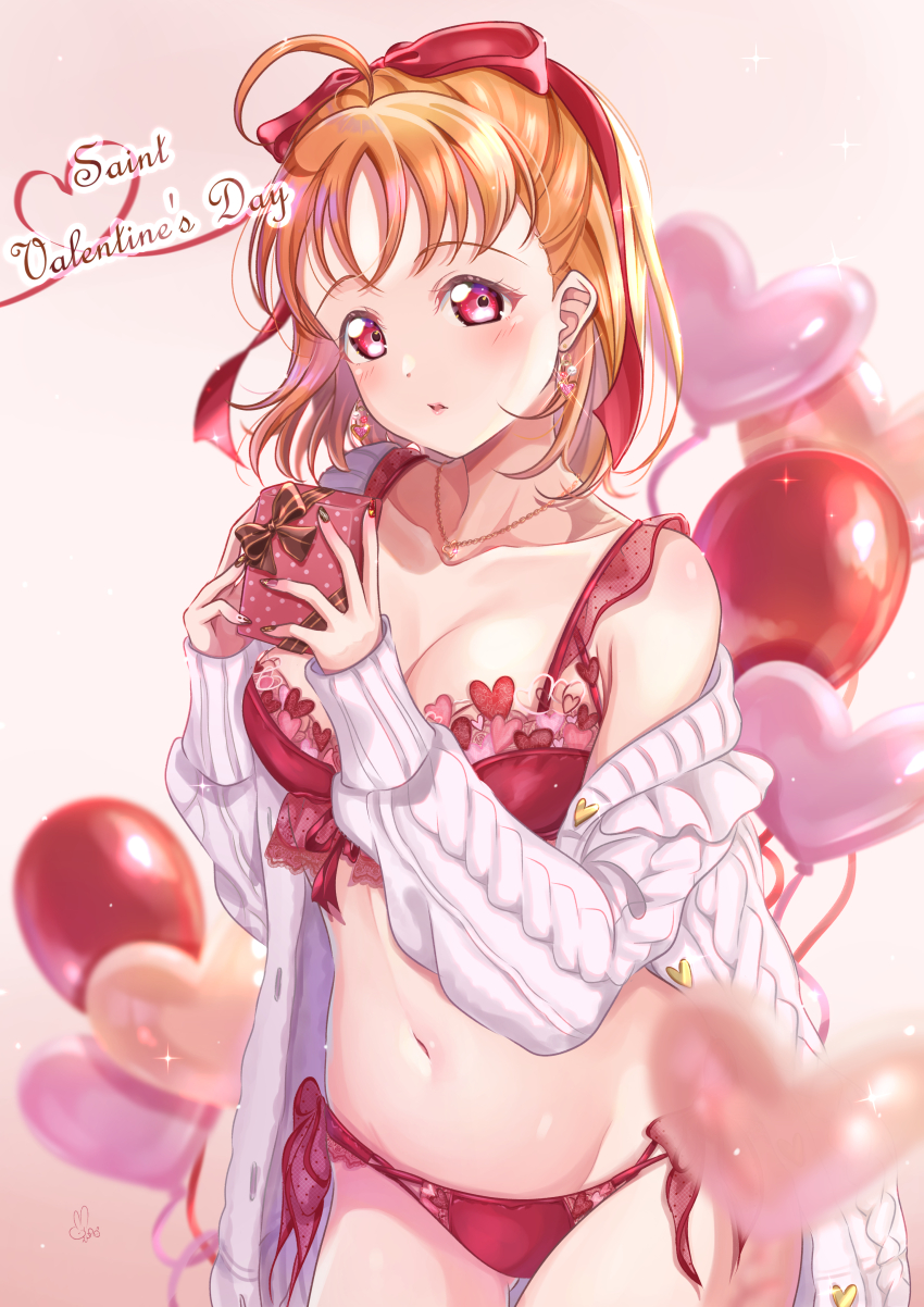 1girl absurdres armpit_crease balloon black_nails blush bow bra breasts brown_nails cardigan cleavage collarbone commentary_request cowboy_shot earrings gift gluteal_fold hair_bow heart heart_balloon heart_earrings highres holding holding_gift iroenpitsu_xxx jewelry large_breasts lingerie long_sleeves looking_at_viewer love_live! love_live!_sunshine!! medium_hair nail_polish navel orange_hair panties parted_lips red_bow red_bra red_nails red_panties side-tie_panties signature single_off_shoulder sleeves_past_wrists solo takami_chika underwear valentine white_cardigan