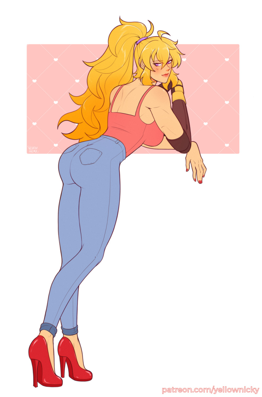 1girl ass back blonde_hair blush breasts denim from_behind high_heels highres jeans long_hair looking_at_viewer looking_back mechanical_arms nail_polish pants patreon_username pink_tank_top prosthesis purple_eyes roosterteeth rwby single_mechanical_arm solo tank_top tight_clothes tight_pants yang_xiao_long yellow_nicky