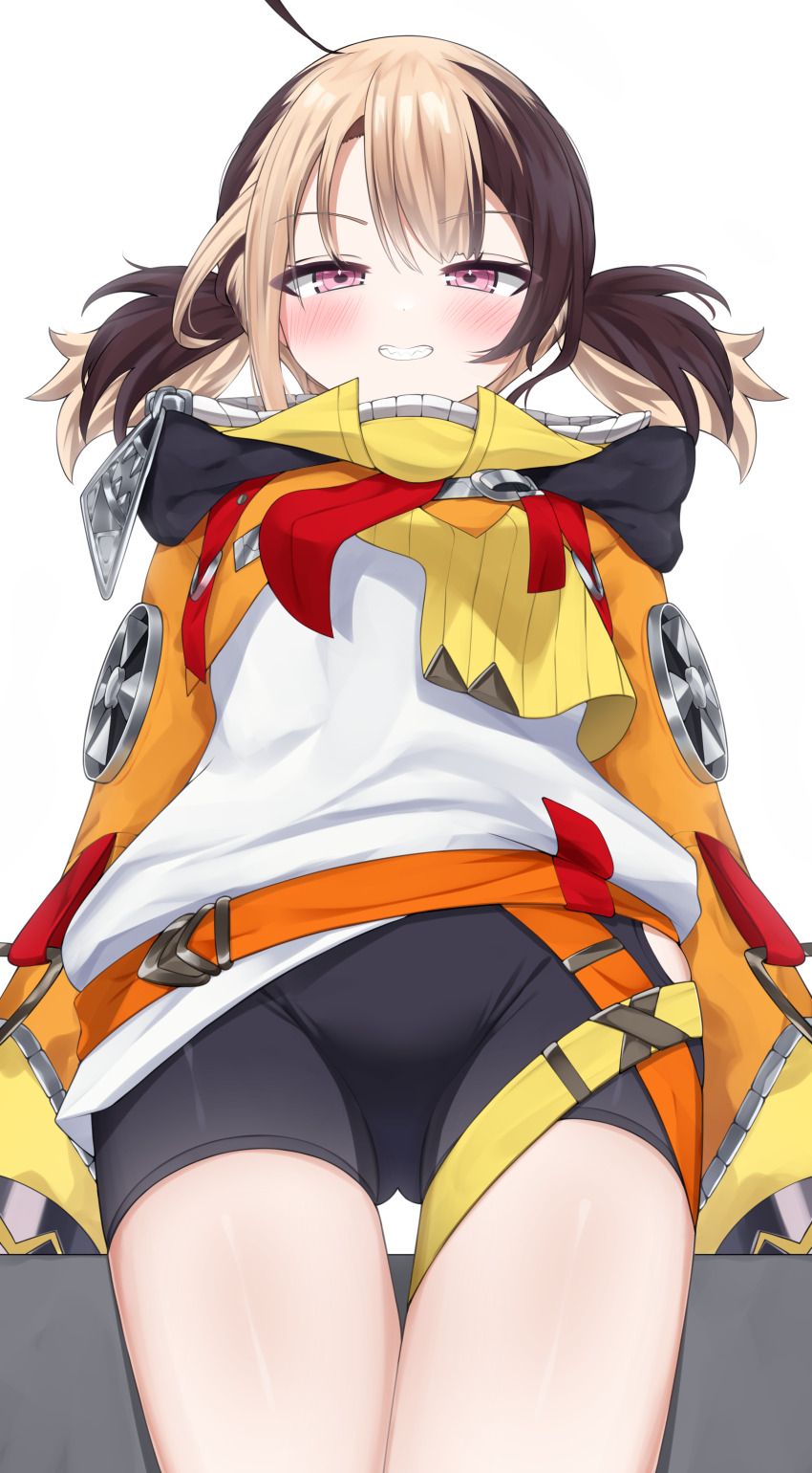 1girl absurdres ahoge belt bike_shorts black_shorts blush brown_hair center-flap_bangs commentary cropped_hoodie double-parted_bangs gigi_murin gigi_murin_(1st_costume) gluteal_fold highres hololive hololive_english hood hoodie light_brown_hair long_hair long_sleeves looking_at_viewer multicolored_hair nobarts orange_belt orange_hoodie pink_eyes sharp_teeth shirt short_hair short_shorts short_twintails shorts simple_background solo teeth thigh_gap twintails two-tone_hair virtual_youtuber white_background white_shirt