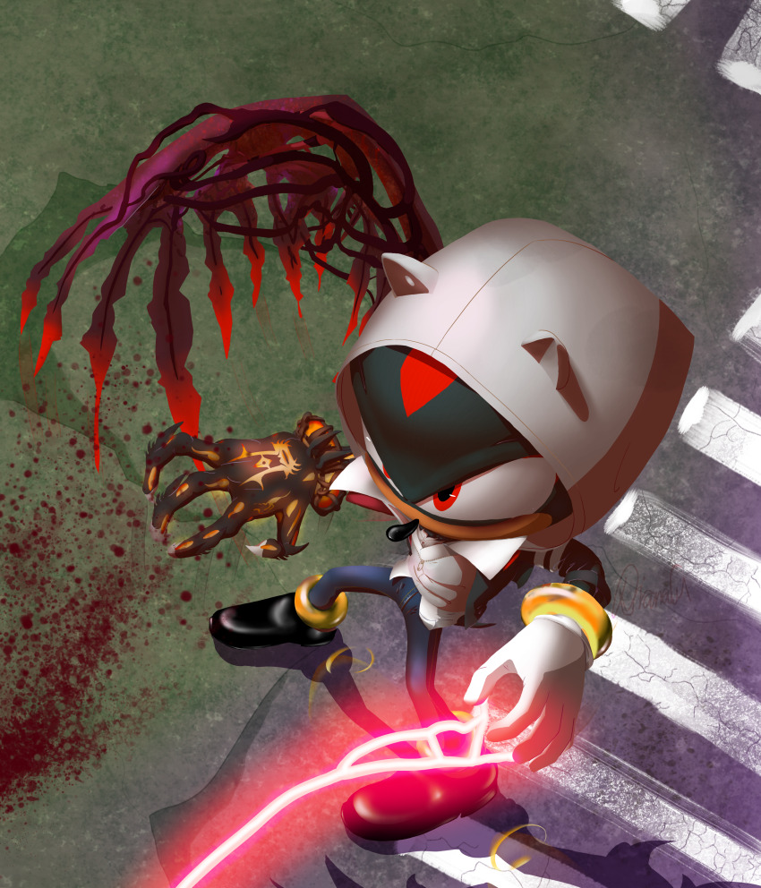 absurdres alex_mercer alex_mercer_(cosplay) alien attack blood blood_splatter cosplay denim dress_shirt dress_shoes electricity gloves hedgehog highres jacket jeans jewelry krita_(medium) long_sleeves motion_lines mutation pants red_stripes red_wings reflection ring road shadow_the_hedgehog shirt sidewalk single_wing slashing sonic_(series) sonic_generations sonic_x_shadow_generations street thefluffyidiot video_game virus white_gloves wings zipper