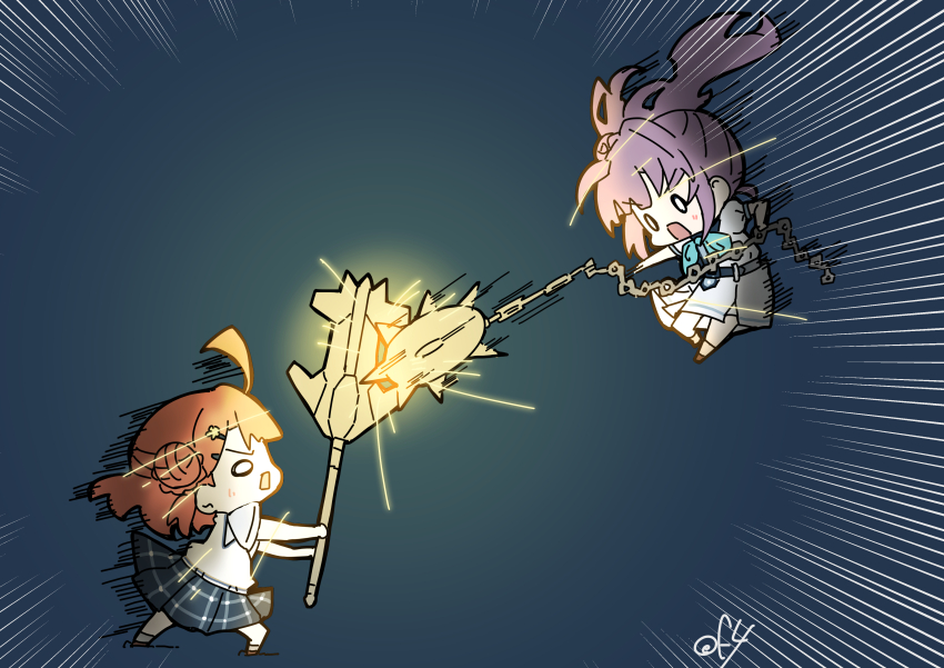 0_0 2girls absurdres aqua_neckerchief attack battle blue_skirt blunt_bangs braid braided_bun chibi chibi_only collared_shirt commentary company_connection dress dress_shirt emphasis_lines flanged_mace glowing glowing_weapon grey_background gundam gundam_tekketsu_no_orphans hair_bun hair_ornament hairclip half_updo hangyaku_no_nijigasaki hasu_no_sora_school_uniform highres holding holding_mace holding_weapon in-franchise_crossover link!_like!_love_live! long_hair love_live! love_live!_nijigasaki_high_school_idol_club mace medium_dress medium_hair miniskirt multiple_girls neckerchief nijigasaki_school_uniform oofushi_ao open_mouth orange_hair otomune_kozue parrying plaid_clothes plaid_skirt pleated_dress pleated_skirt puffy_short_sleeves puffy_sleeves purple_hair sailor_collar sailor_dress school_uniform shirt short_sleeves side_ponytail sidelocks signature single_side_bun skirt spiked_ball standing summer_uniform sunrise sweater_vest swept_bangs uehara_ayumu v-shaped_eyebrows virtual_youtuber weapon white_dress white_sailor_collar white_shirt wide_oval_eyes yellow_sweater_vest