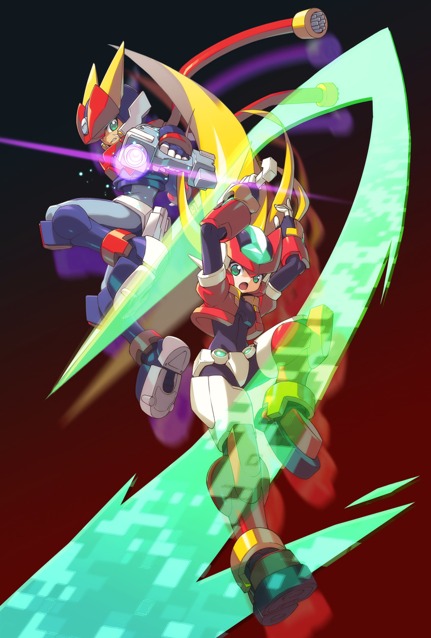 android armor blonde_hair degarashi_(ponkotsu) energy_sword full_body gradient_background green_eyes grey_(mega_man) helmet highres holding holding_sword holding_weapon jumping long_hair mega_man_(series) mega_man_zx model_a_(mega_man) model_zx_(mega_man) open_mouth power_armor red_helmet simple_background sword weapon