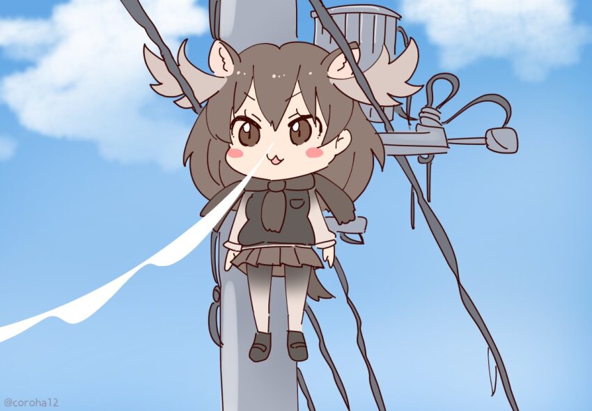 1girl animal_ears blue_eyes brown_eyes brown_hair cardigan coroha full_body horns kemono_friends long_hair looking_at_viewer moose_(kemono_friends) moose_ears moose_girl moose_tail outdoors pantyhose parody scarf shikanoko_nokonoko_koshitantan shoes skirt solo tail utility_pole