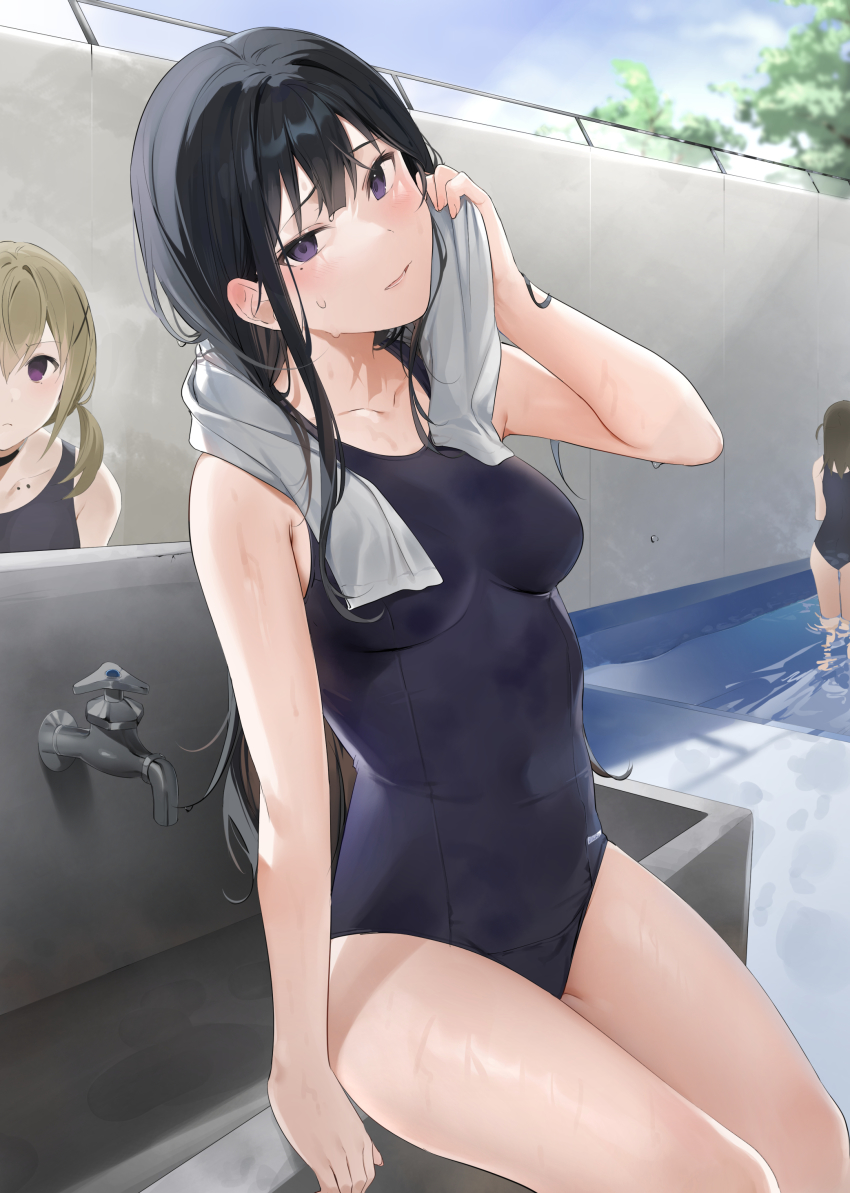 3girls absurdres bare_arms bare_shoulders black_choker black_hair black_one-piece_swimsuit blonde_hair blush choker closed_mouth commentary_request highres long_hair looking_at_another looking_at_viewer multiple_girls one-piece_swimsuit original outdoors parted_lips pool purple_eyes smile solo_focus swimsuit thighs towel wet xretakex