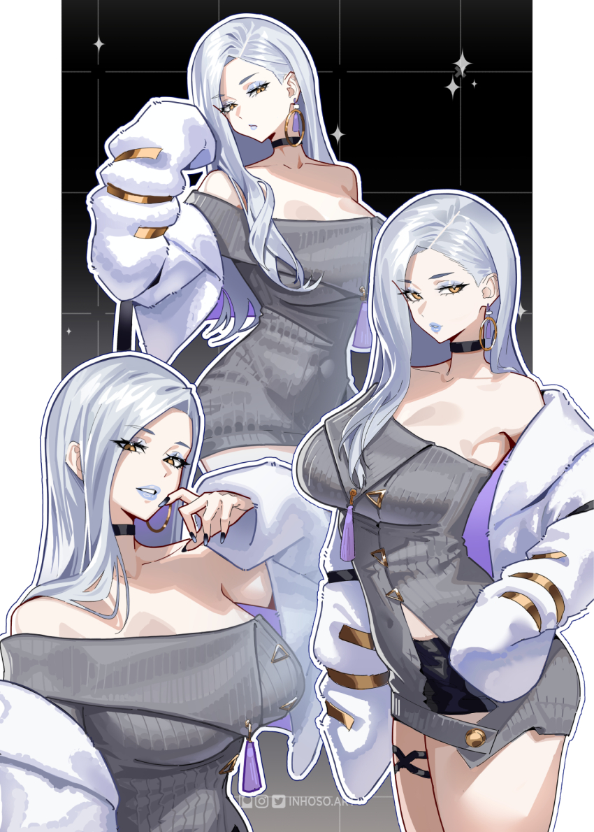 1girl bare_shoulders black_background black_choker black_nails black_shorts breasts choker coat commentary dress earrings english_commentary fate/grand_order fate_(series) fur_coat grey_hair grey_sweater highres huge_breasts inhoso jewelry lipstick long_hair makeup multiple_views omi-san_(fate) ribbed_dress shorts shorts_under_dress slit_pupils sweater sweater_dress twitter_username white_coat yellow_eyes