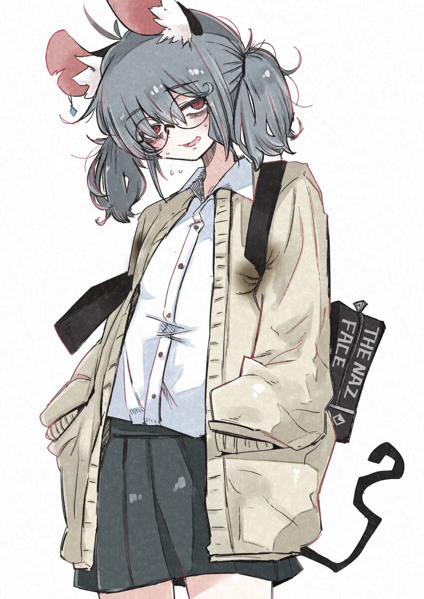 1girl absurdres animal_ear_fluff animal_ears cardigan deal360acv glasses grey_hair highres medium_hair mouse_ears mouse_girl mouse_tail nazrin pleated_skirt red_eyes school_uniform simple_background skirt sweat sweaty_clothes tail touhou twintails white_background