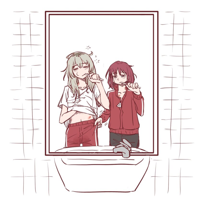 2girls =_= anjuro_zeeku bite_mark bite_mark_on_neck black_shorts blue_eyes brown_hair brushing_teeth closed_eyes closed_mouth clothes_tug commentary english_commentary girls_band_cry grey_hair hair_down hand_under_clothes hand_under_shirt hickey highres iseri_nina jacket kawaragi_momoka long_hair long_sleeves midriff mirror multicolored_hair multiple_girls red_jacket red_shorts roots_(hair) shirt short_hair short_sleeves shorts sink sleepy squeans white_shirt yuri