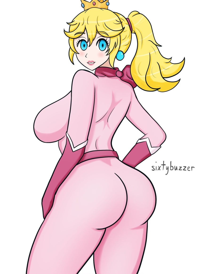 1girl artist_name ass blonde_hair blue_eyes bodysuit breasts highres huge_ass large_breasts legs long_hair looking_at_viewer mario_(series) mario_kart mario_kart_wii nintendo parted_lips pink_lips ponytail princess princess_peach sideboob sixtybuzzer smile thighs