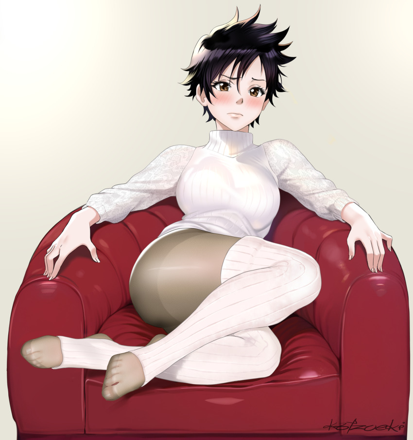 1girl arisawa_tatsuki arm_rest armchair artist_name black_hair black_pantyhose bleach blush breasts brown_eyes chair closed_mouth female_focus full_body highres katzueki large_breasts long_sleeves looking_at_viewer pantyhose short_hair sitting solo sweater thighhighs thighs toeless_legwear toes turtleneck turtleneck_sweater white_background white_sweater white_thighhighs yokozuwari