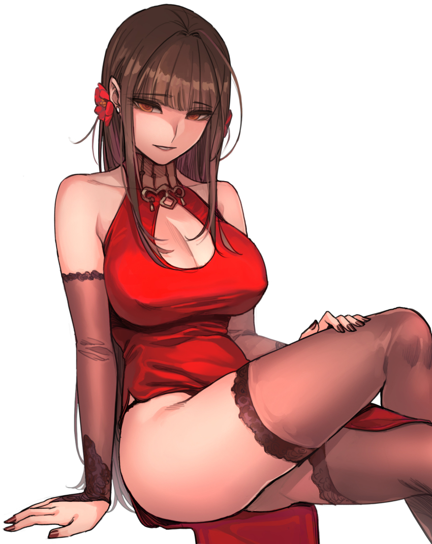 1girl arm_support bare_shoulders black_panties black_thighhighs blunt_bangs breasts bridal_gauntlets brown_hair china_dress chinese_clothes cleavage cleavage_cutout clothing_cutout collarbone crossed_legs dress dsr-50_(girls&#039;_frontline) dsr-50_(red_peony)_(girls&#039;_frontline) female_focus flower girls&#039;_frontline hair_flower hair_ornament half-closed_eyes hand_on_leg highres lace lace-trimmed_legwear lace_trim large_breasts long_hair looking_at_viewer nail_polish official_alternate_costume panties parted_lips red_dress red_eyes side_slit sidelocks simple_background sitting smile solo studs sungwon thighhighs thighs underwear white_background