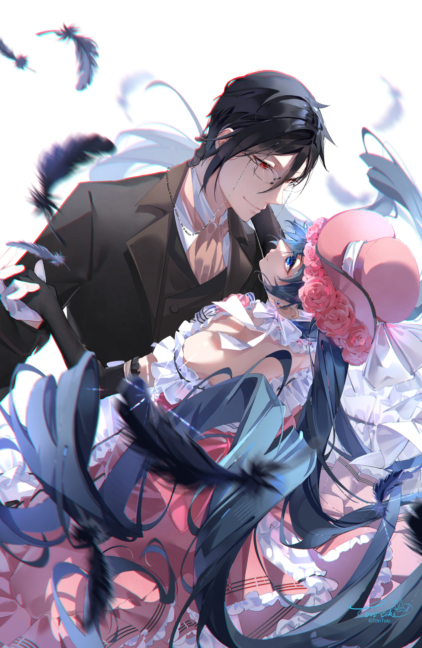 2boys absurdres age_difference ascot black_gloves black_hair black_suit black_vest blue_eyes blue_hair buttons ciel_phantomhive ciel_phantomhive_(robin_dress) collared_shirt commentary crossdressing dress earrings elbow_gloves eye_contact falling_feathers feathers formal_clothes frilled_dress frills glasses gloves hat head_wreath highres jewelry kuroshitsuji lolita_fashion looking_at_another male_focus multiple_boys off-shoulder_dress off_shoulder open_clothes pink_ascot pink_dress pink_headwear shirt short_hair simple_background smile suit toritoki_(1301237579) trap vest white_background white_shirt yaoi