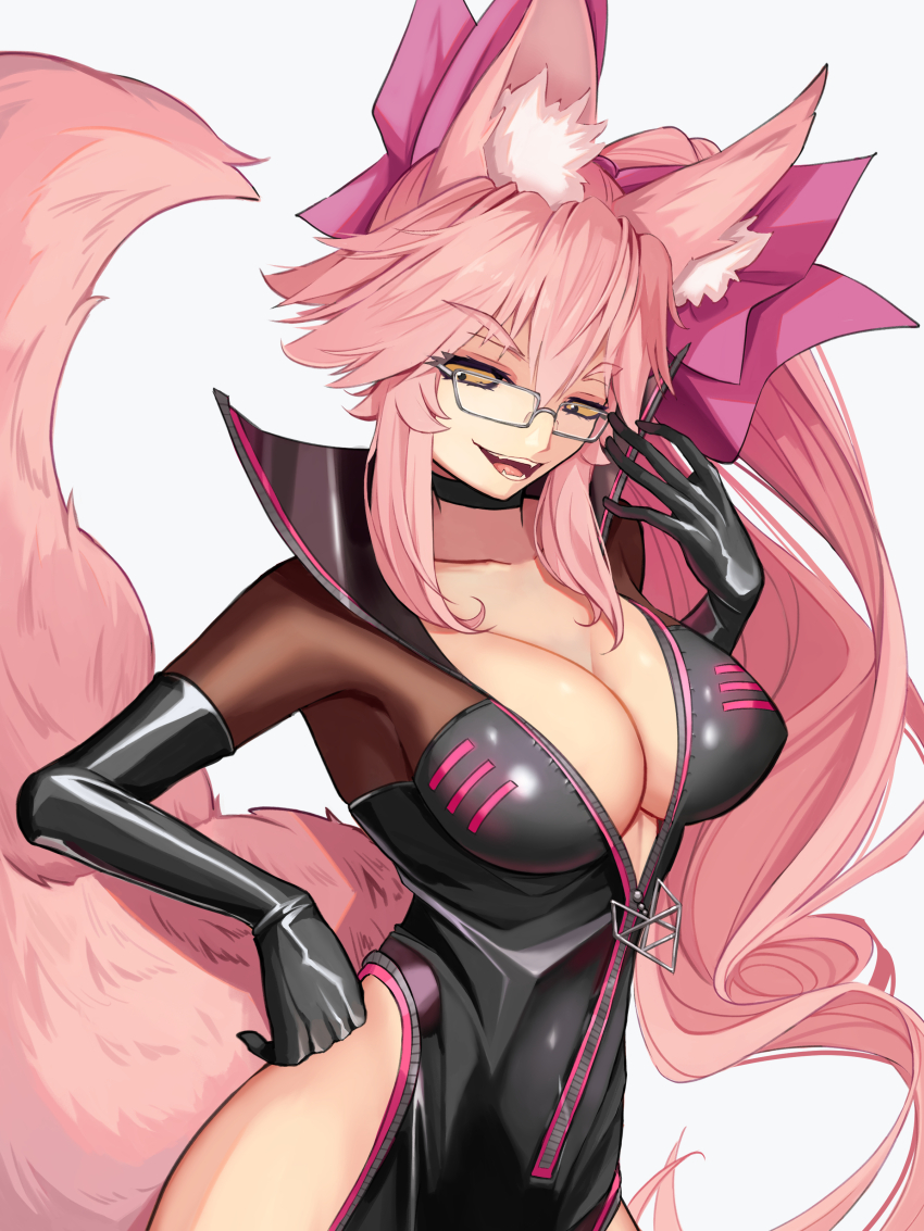 1girl absurdres animal_ear_fluff animal_ears black_bodysuit bodysuit bow breasts center_opening fate/grand_order fate_(series) fox_ears fox_girl fox_tail glasses grey-framed_eyewear hair_bow highres hip_vent kapi-san koyanskaya_(assassin)_(first_ascension)_(fate) koyanskaya_(fate) large_breasts looking_at_viewer open_bodysuit open_clothes pink_bow pink_hair ponytail sidelocks solo tail tamamo_(fate) yellow_eyes