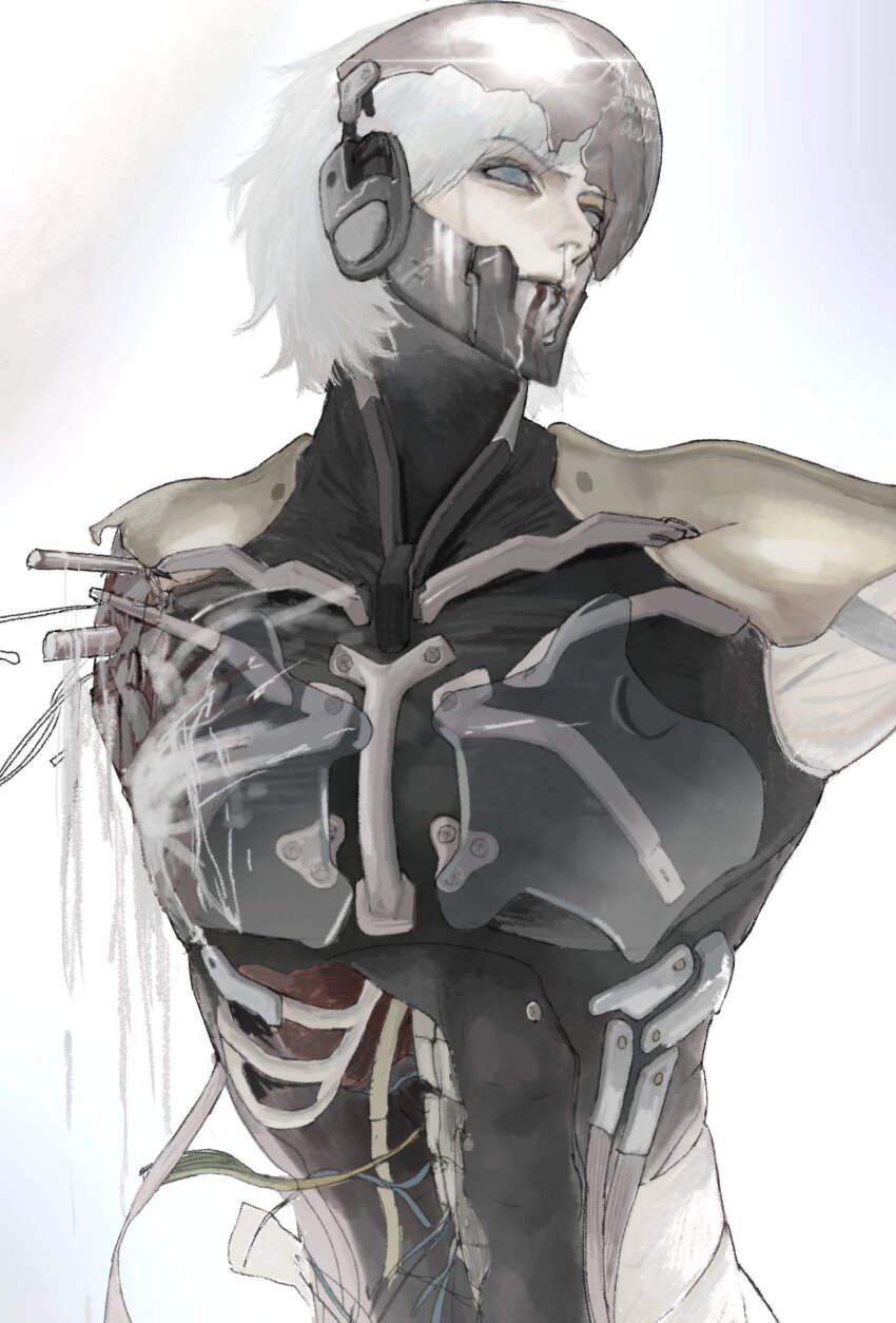 1boy 1cjwqtbkrs23559 amputee armor assault_visor blood blood_from_mouth blue_eyes closed_mouth cyborg highres looking_to_the_side male_focus mechabare metal_gear_(series) metal_gear_rising:_revengeance missing_limb pauldrons raiden_(metal_gear) short_hair shoulder_armor simple_background solo white_background white_hair wire