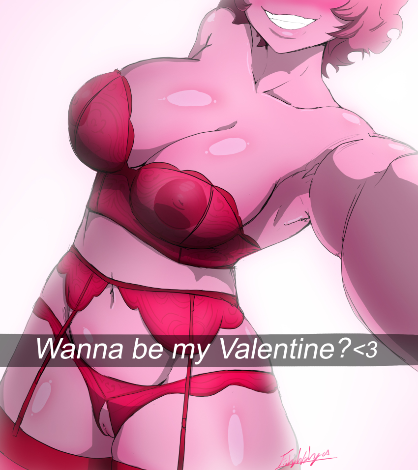 1girl absurdres ashido_mina boku_no_hero_academia breasts cleavage cleft_of_venus collarbone colored_skin english_text fishywishy garter_belt garter_straps head_out_of_frame highres large_breasts lingerie navel nipples pink_hair pink_skin pussy see-through_clothes selfie short_hair smile snapchat solo stomach thick_thighs thighhighs thighs uncensored underwear white_background