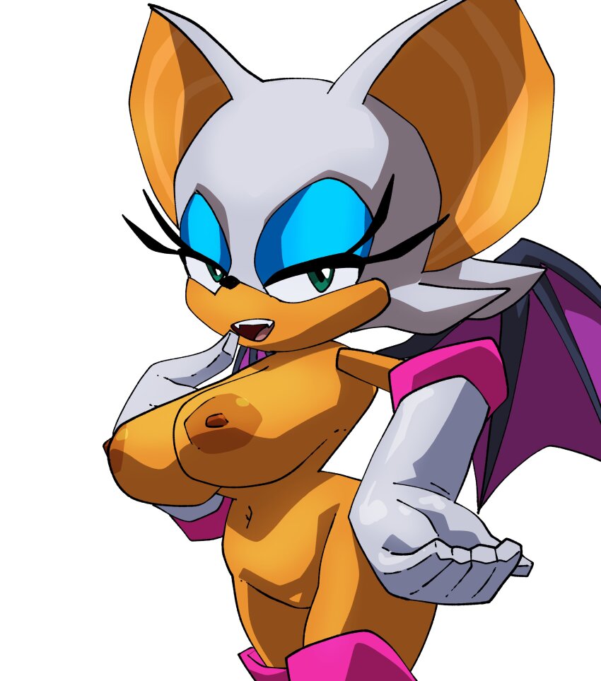 1girl absurdres animal_ears breasts coolerinker dark-skinned_female dark_skin eyelashes furry furry_female gloves green_eyes highres inker_comics large_breasts nipples nude rouge_the_bat shortstack tagme wings