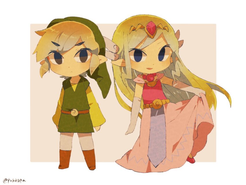 1boy 1girl artist_name back belt blonde_hair blue_eyes blush closed_mouth dress floating_hair gloves jewelry link long_dress long_hair looking_up multicolored_hair necklace nintendo open_mouth pink_dress pointy_ears princess_zelda simple_background skirt_hold the_legend_of_zelda the_legend_of_zelda:_spirit_tracks the_legend_of_zelda:_the_wind_waker tiara tokuura toon_link toon_zelda upper_body white_background