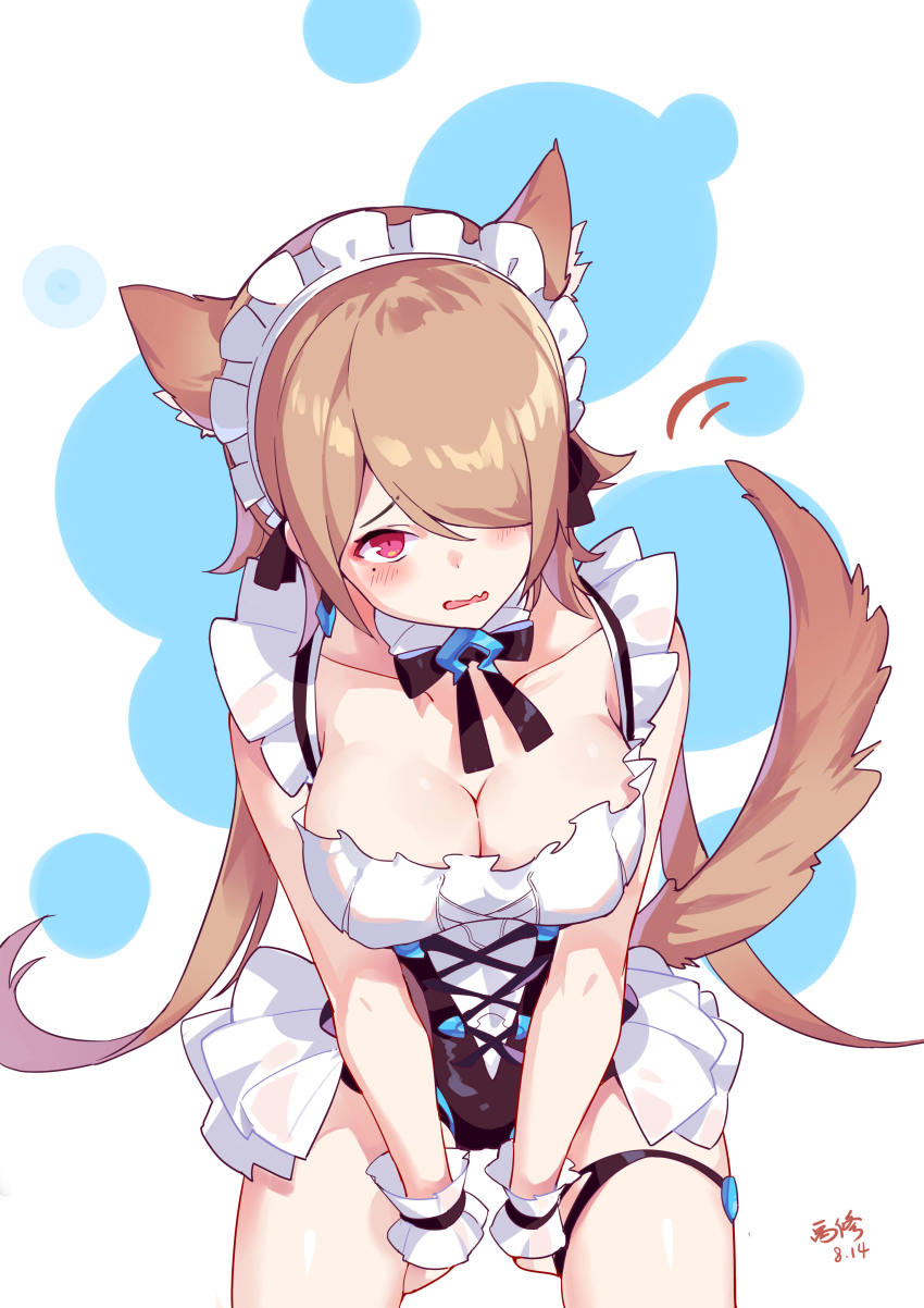 1girl absurdres animal_ears between_legs black_ribbon blush breasts cleavage dated dog_ears dog_tail dress embarrassed fang frilled_sleeves frills hair_over_one_eye hair_ribbon hand_between_legs highres honkai_(series) honkai_impact_3rd large_breasts looking_at_viewer maid_headdress mole mole_under_eye red_eyes ribbon rita_rossweisse rita_rossweisse_(icy_sea_spray) rita_rossweisse_(phantom_iron) short_dress short_hair signature solo tail yu_xiu