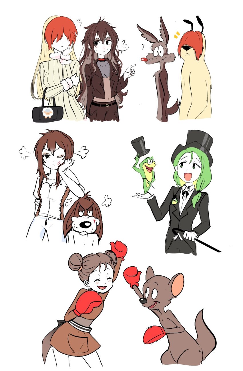 ^_^ bag blouse brown_hair closed_eyes dog elbow_carry formal_clothes frog_girl furry furry_male gender_request genderswap george_p_dog handbag hat highres hippety_hopper looney_tunes michigan_j_frog ralph_wolf sam_sheepdog shirt suit tagme top_hat white_shirt