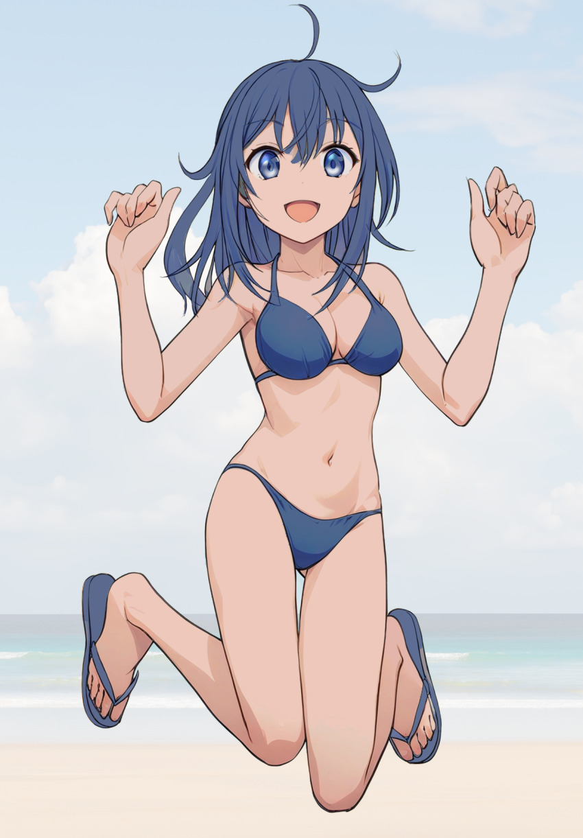 1girl ahoge bikini blue_bikini blue_eyes blue_hair blue_sky breasts cloud full_body gluteal_fold highres jumping looking_at_viewer maora_(pixiv109074827) medium_breasts original sandals sky smile solo swimsuit thigh_gap w_arms