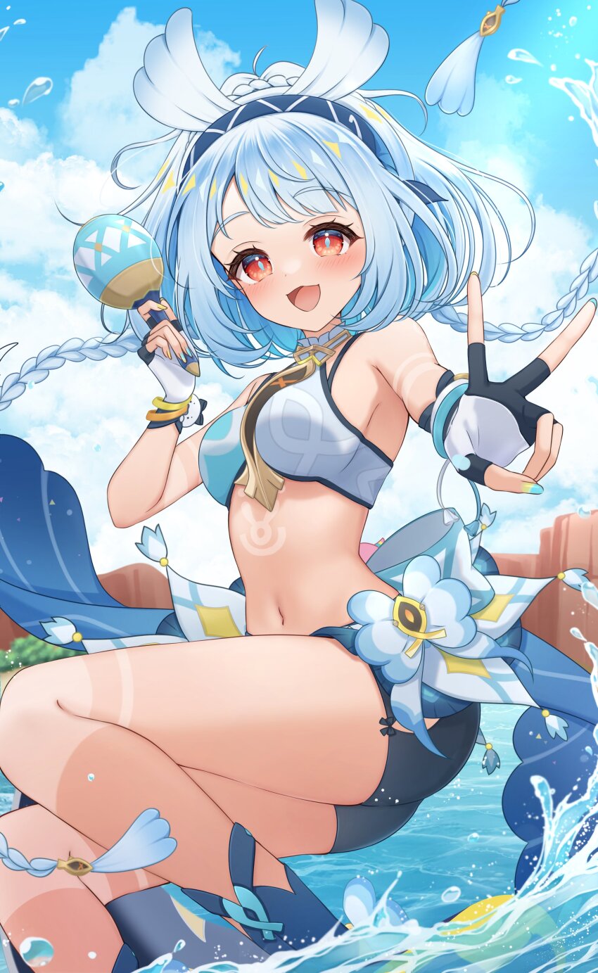 1girl :d absurdres ass bare_shoulders black_gloves black_shorts blue_hair blue_nails blue_sky blush braid cloud commentary_request crop_top dark-skinned_female dark_skin day feet_out_of_frame fingernails fish-shaped_pupils floating_hair from_side genshin_impact gloves highres holding_instrument holding_maracas light_blue_hair long_hair looking_at_viewer maracas midriff mualani_(genshin_impact) nail_polish navel open_mouth outdoors red_eyes shorts sky smile solo surfing two-tone_gloves v very_long_hair white_gloves yukiunag1