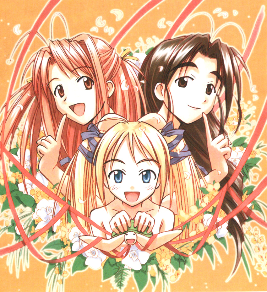 3girls absurdres akamatsu_ken antenna_hair back-to-back black_hair blonde_hair blue_eyes brown_eyes finger_to_mouth flower highres long_hair love_hina multiple_girls naked_ribbon narusegawa_naru official_art orange_hair otohime_mutsumi ribbon sarah_mcdougal scan smile tama_(love_hina) turtle twintails